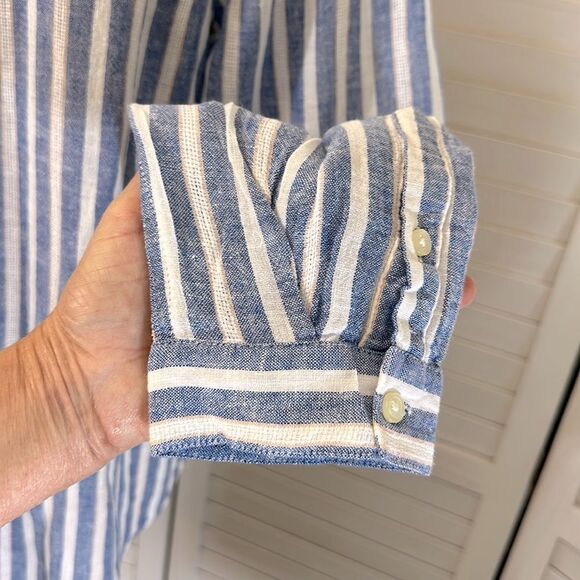 Lucky Brand Size Large Linen Top Blue White Stripe Henley - Picture 8 of 10